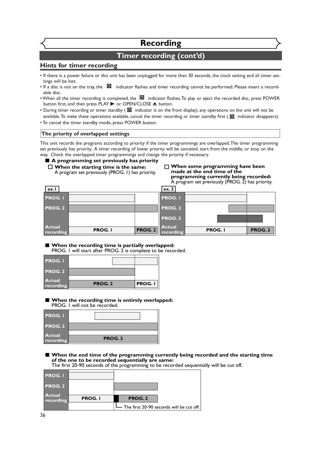 Sylvania DVR90DEA owner manual Hints for timer recording, Priority of overlapped settings 