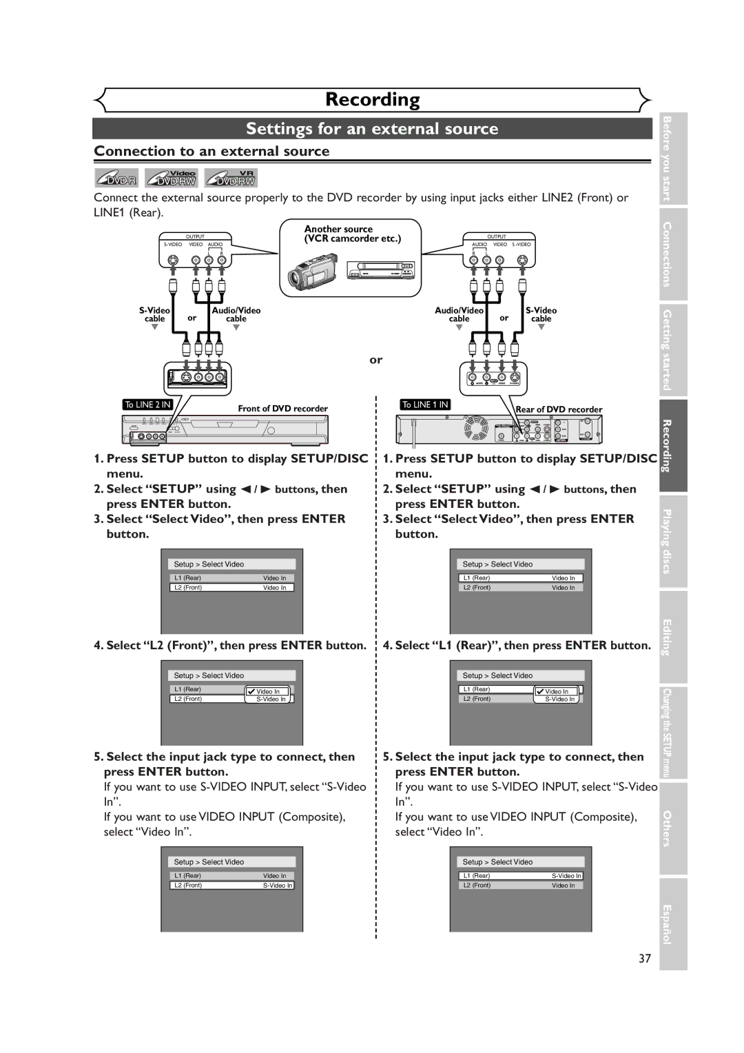 Sylvania DVR90DEA Settings for an external source, Connection to an external source, Before you start Connections 