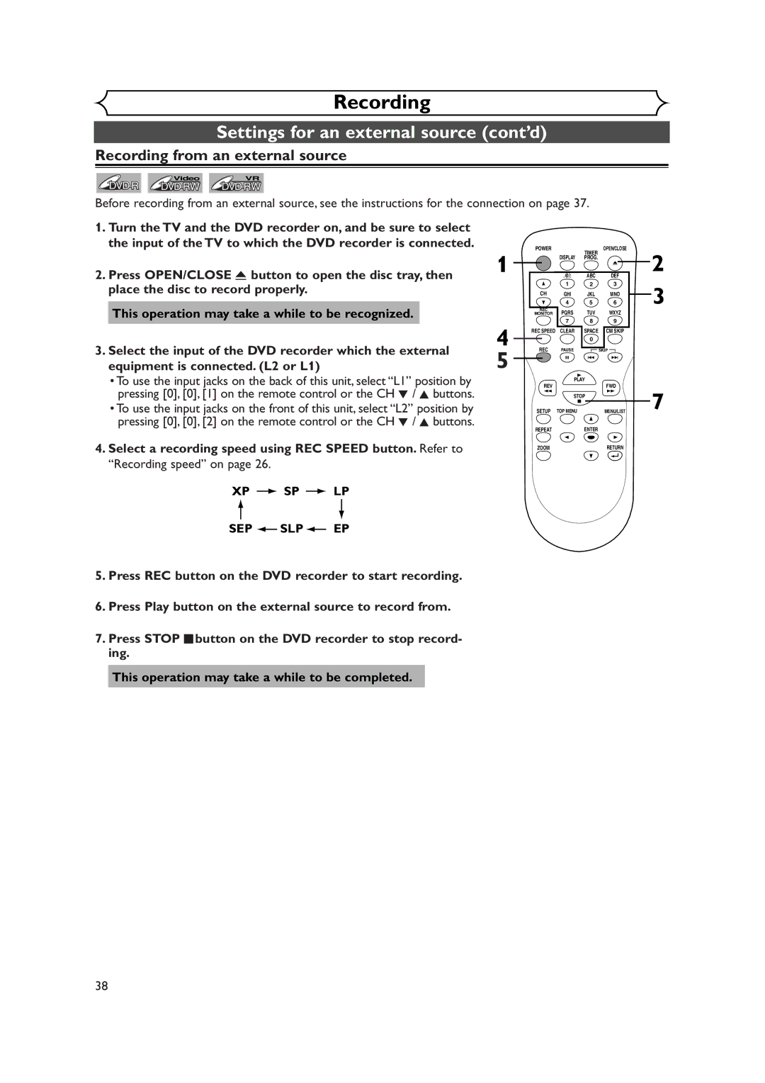 Sylvania DVR90DEA Settings for an external source cont’d, Recording from an external source, Recording speed on, Xp Sp Lp 