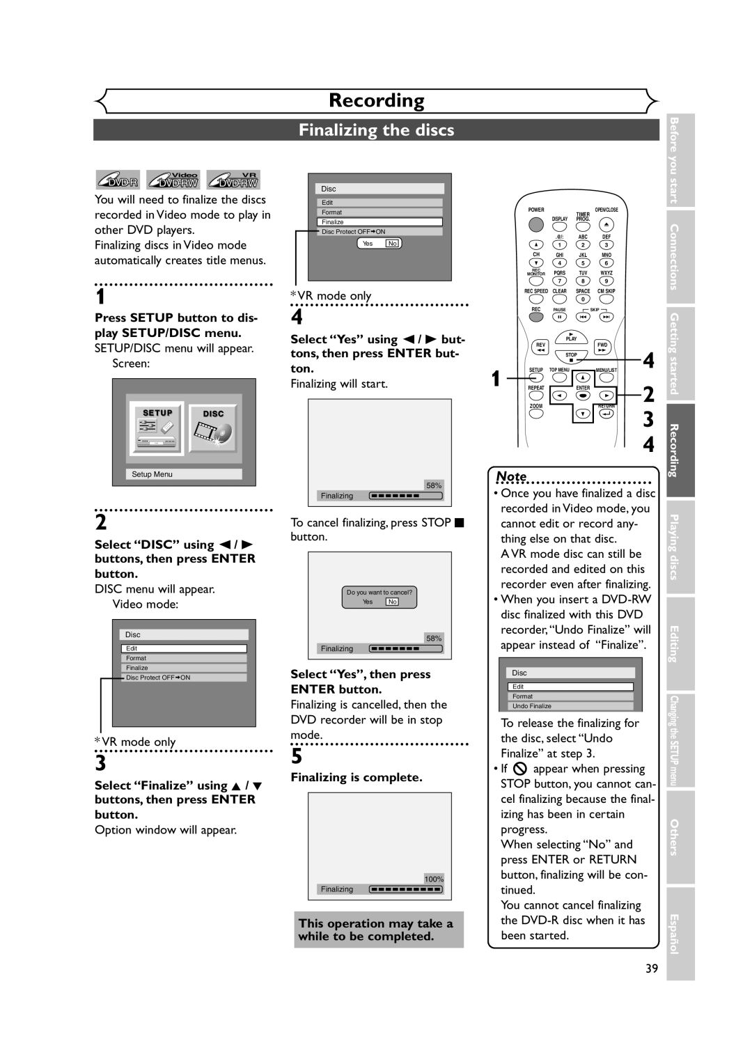 Sylvania DVR90DEA owner manual Finalizing the discs, Select Yes, then press Enter button, Finalizing is complete 