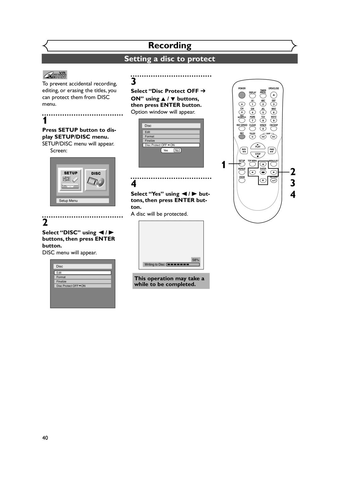 Sylvania DVR90DEA Setting a disc to protect, Select Disc Protect OFF, On using K / L buttons, Disc will be protected 