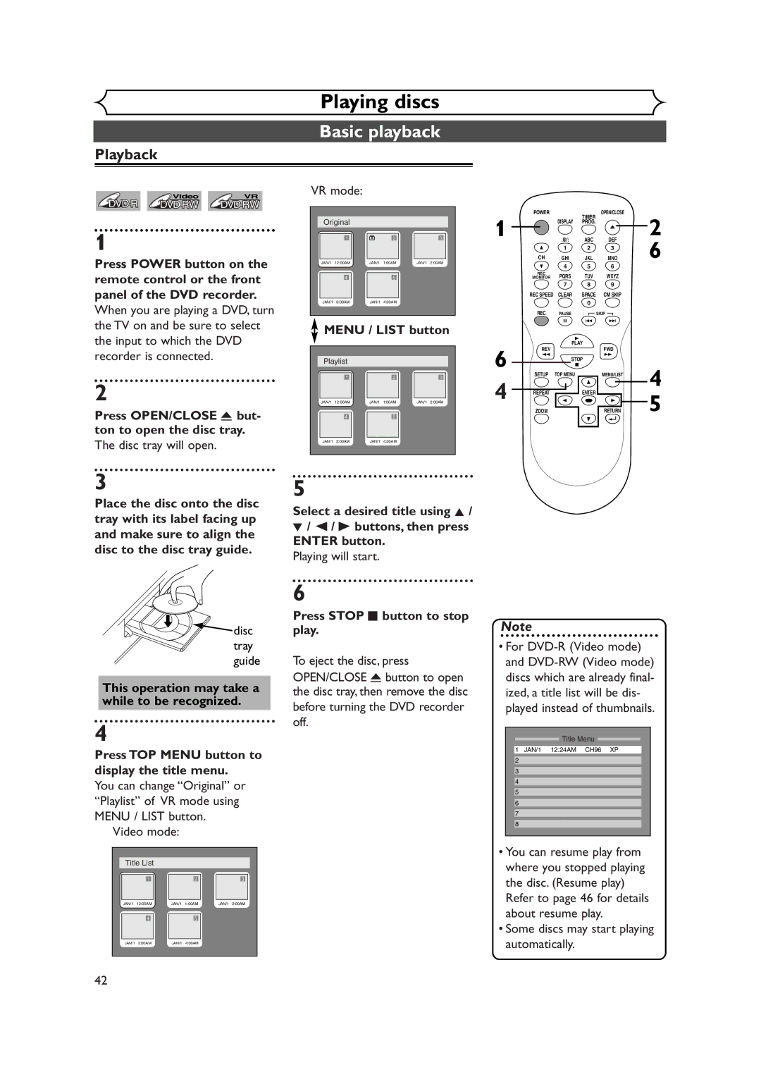 Sylvania DVR90DEA Basic playback, Playback, Press OPEN/CLOSE a but- ton to open the disc tray, Menu / List button 