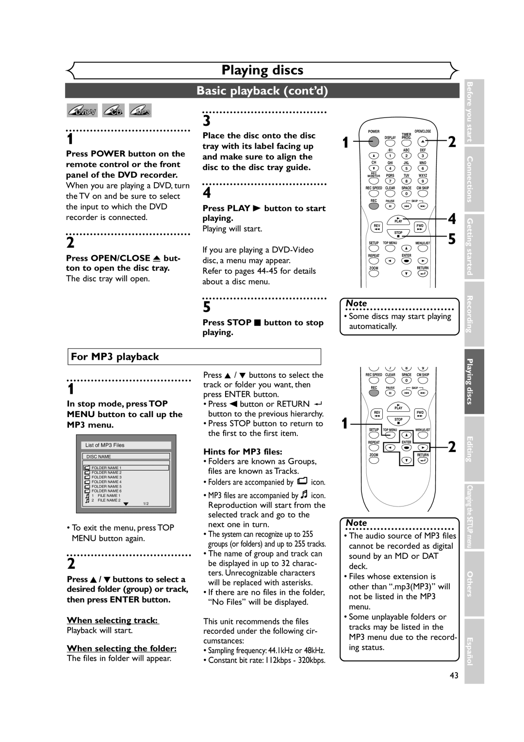 Sylvania DVR90DEA owner manual Basic playback cont’d, For MP3 playback 