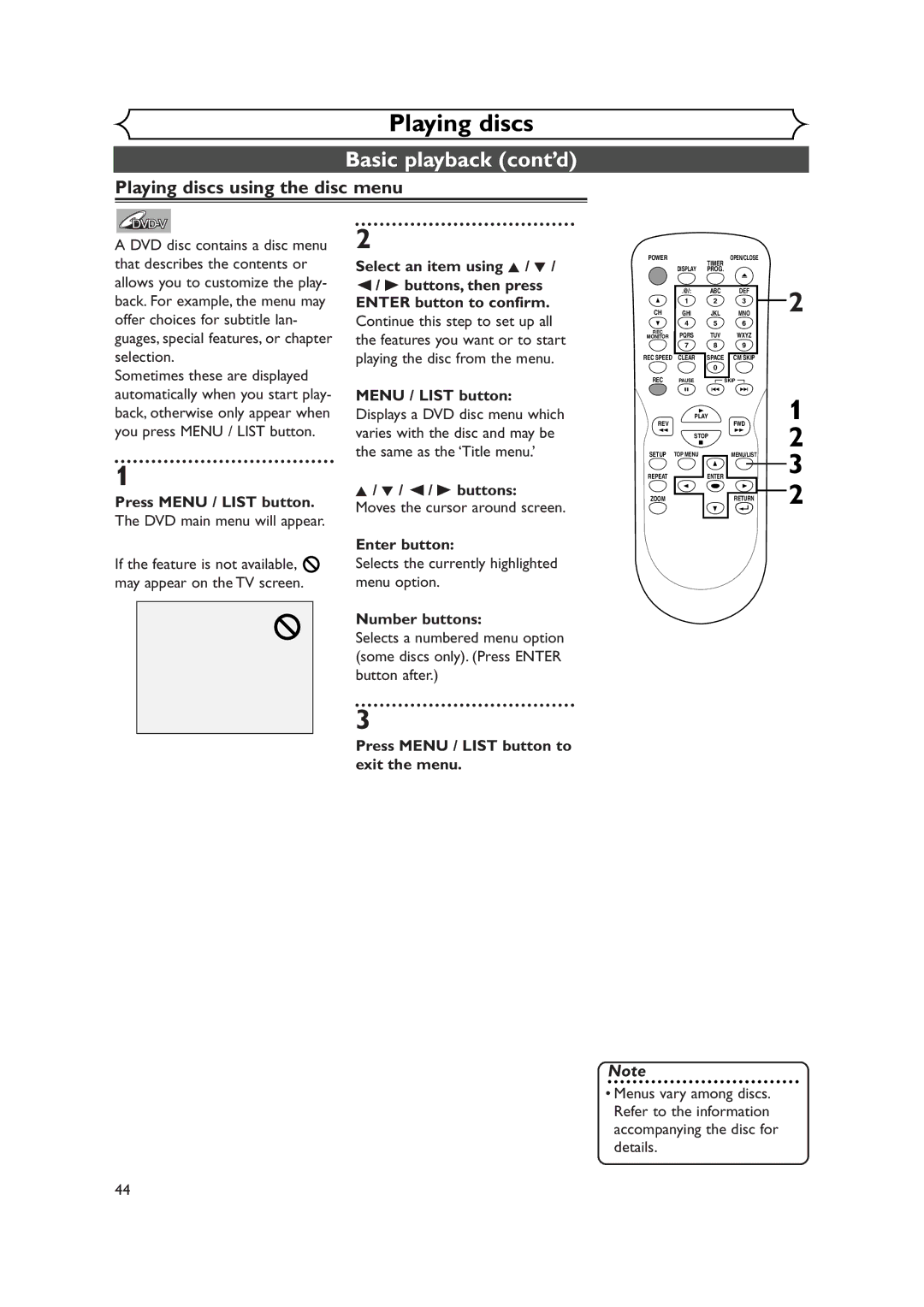 Sylvania DVR90DEA owner manual Playing discs using the disc menu, Press Menu / List button, B buttons 