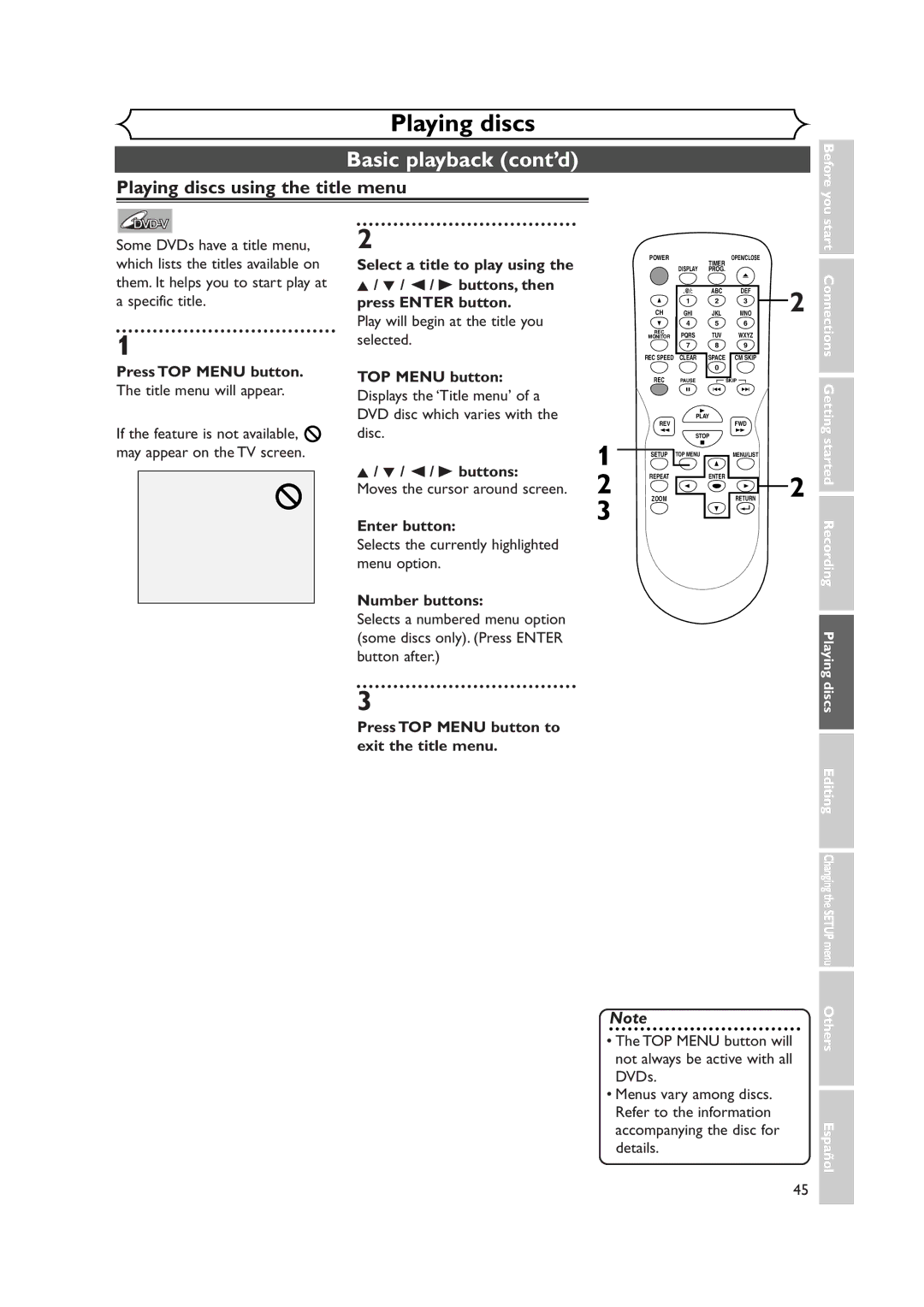 Sylvania DVR90DEA owner manual Playing discs using the title menu, Press TOP Menu button to exit the title menu 