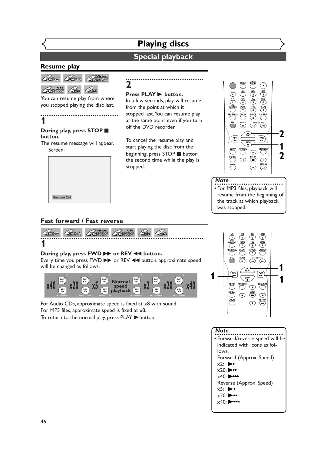 Sylvania DVR90DEA owner manual Special playback, Resume play, Fast forward / Fast reverse 