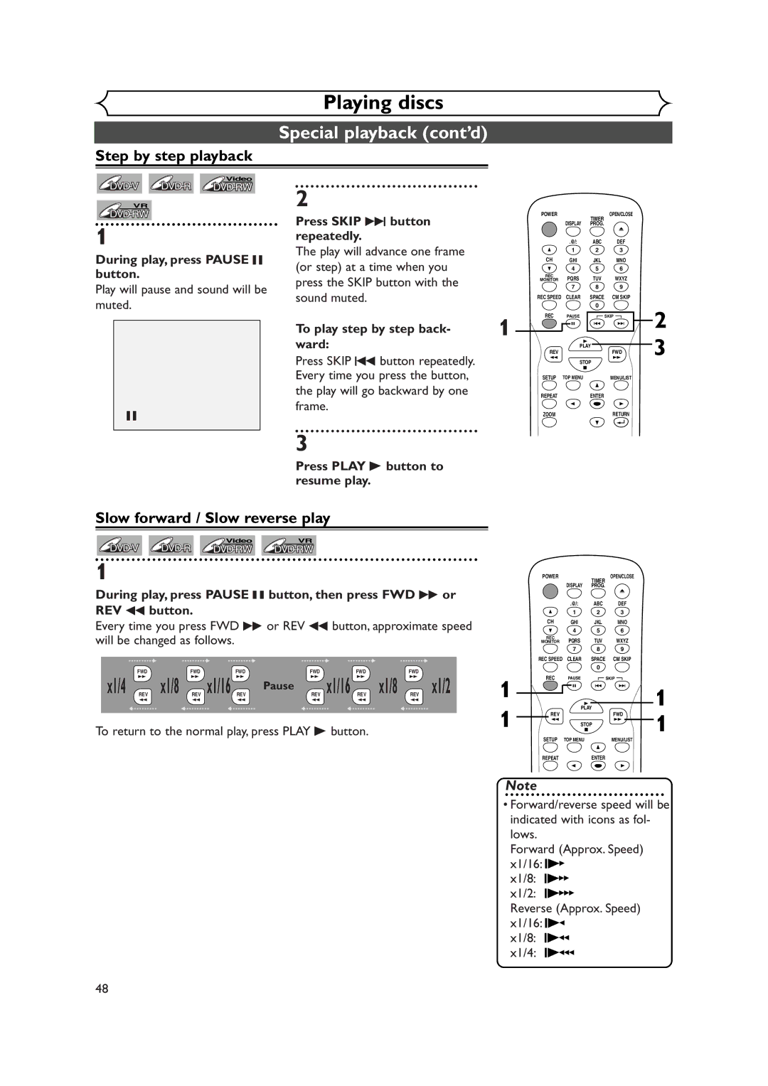 Sylvania DVR90DEA owner manual Step by step playback, Slow forward / Slow reverse play 