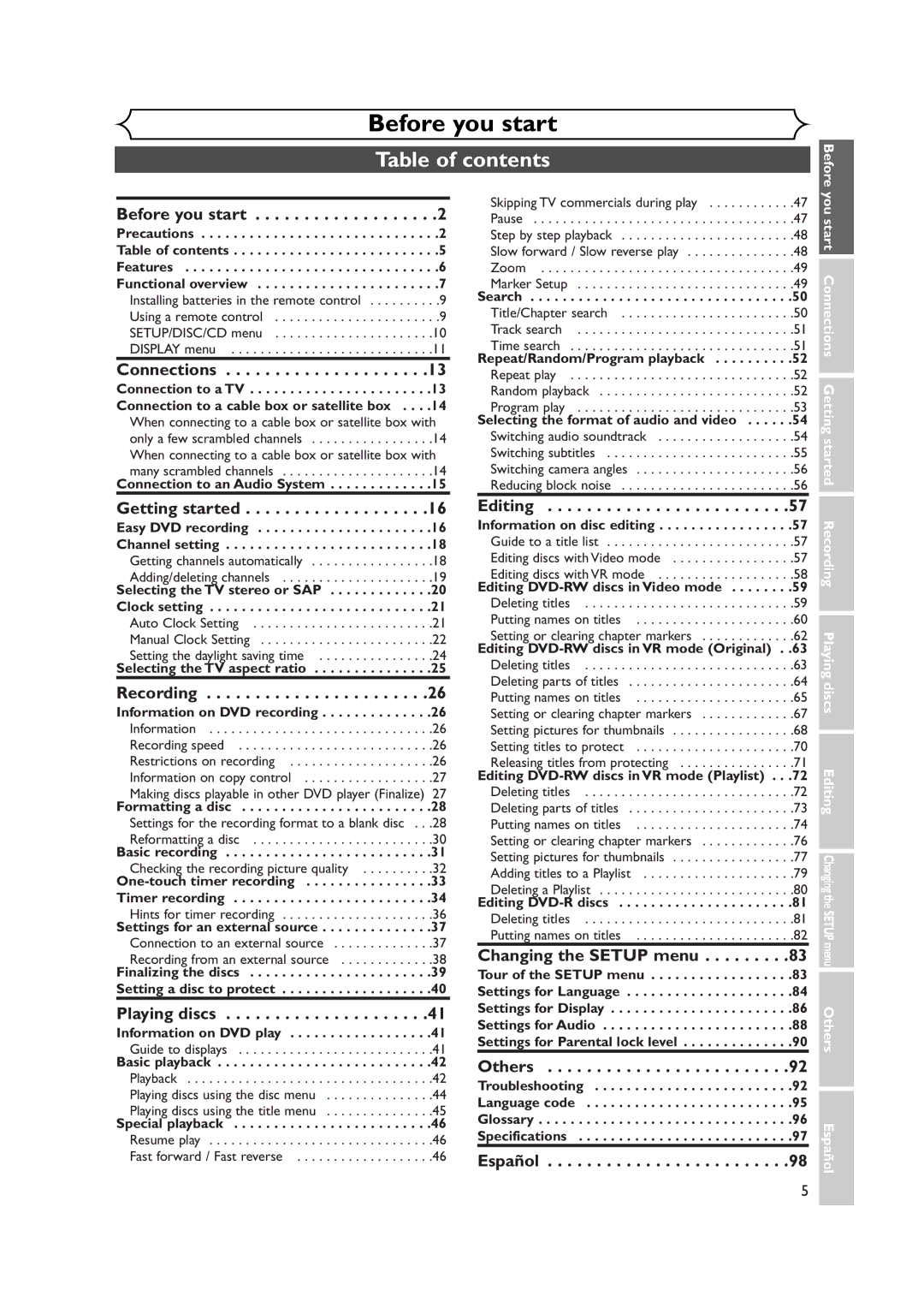 Sylvania DVR90DEA owner manual Table of contents 