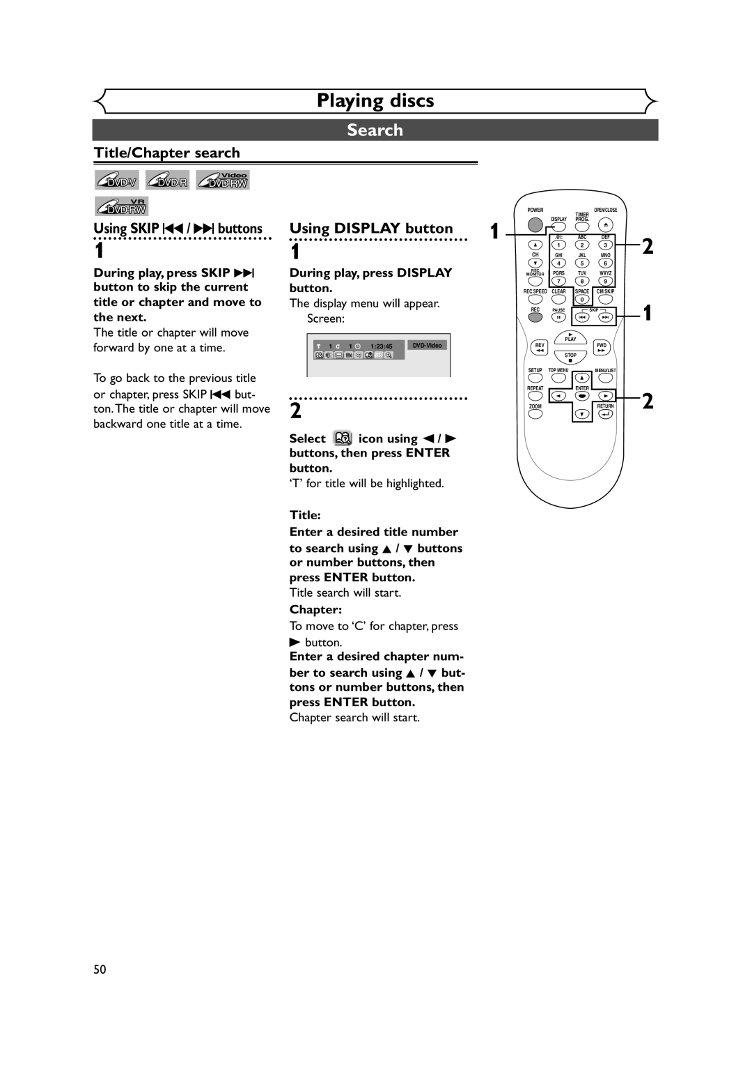 Sylvania DVR90DEA owner manual Search, Title/Chapter search, Using Skip H / G buttons, Using Display button 