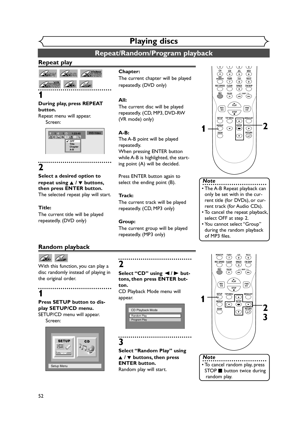 Sylvania DVR90DEA owner manual Repeat/Random/Program playback, Repeat play, Random playback 