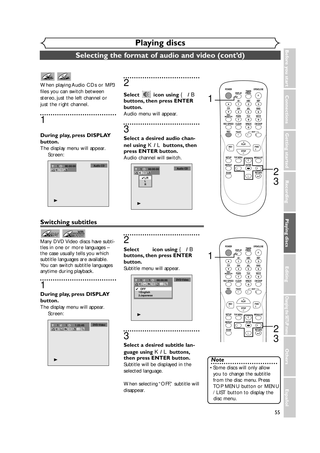 Sylvania DVR90DEA owner manual Selecting the format of audio and video cont’d, Switching subtitles, Select Icon using / B 