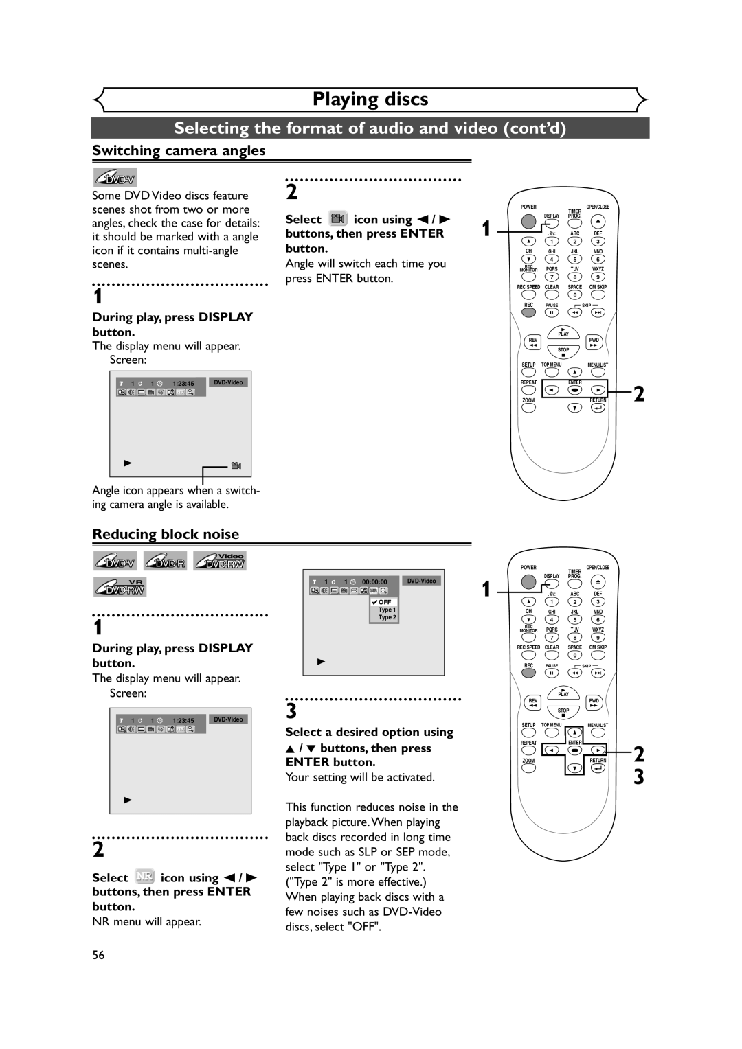 Sylvania DVR90DEA owner manual Switching camera angles, Reducing block noise 