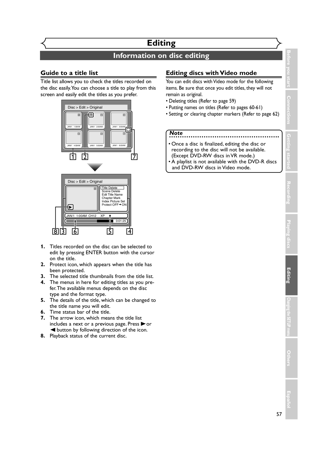 Sylvania DVR90DEA owner manual Information on disc editing, Guide to a title list, Editing discs with Video mode 