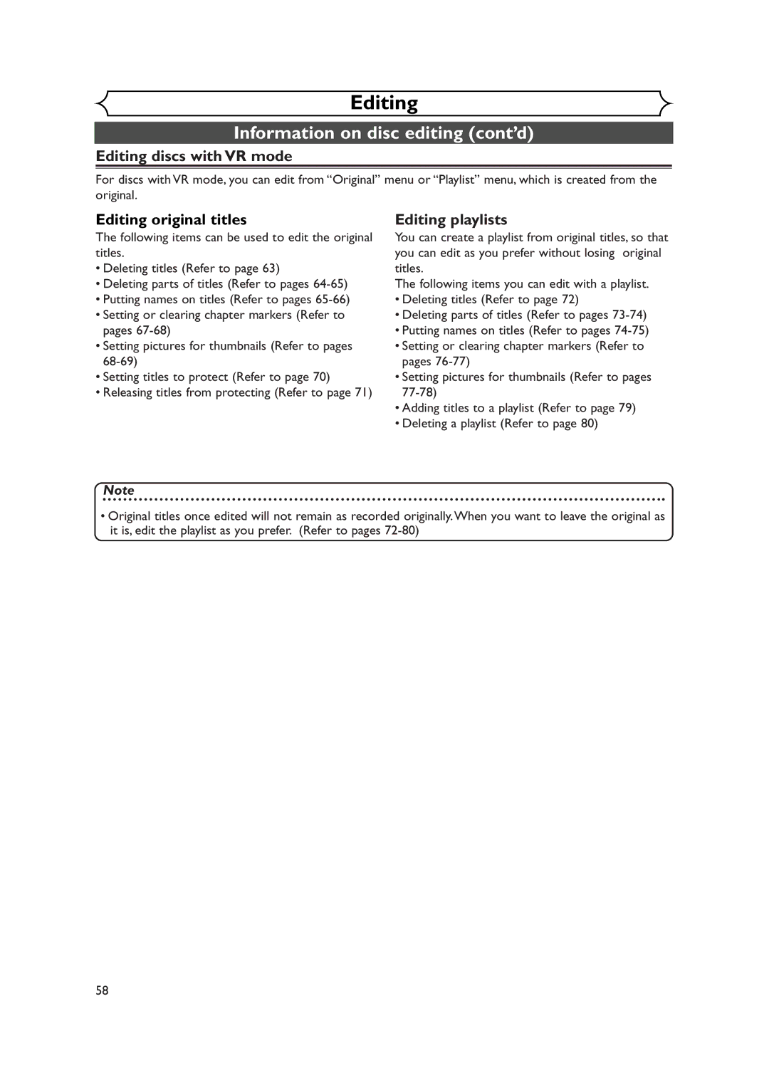 Sylvania DVR90DEA owner manual Information on disc editing cont’d, Editing discs with VR mode, Editing original titles 