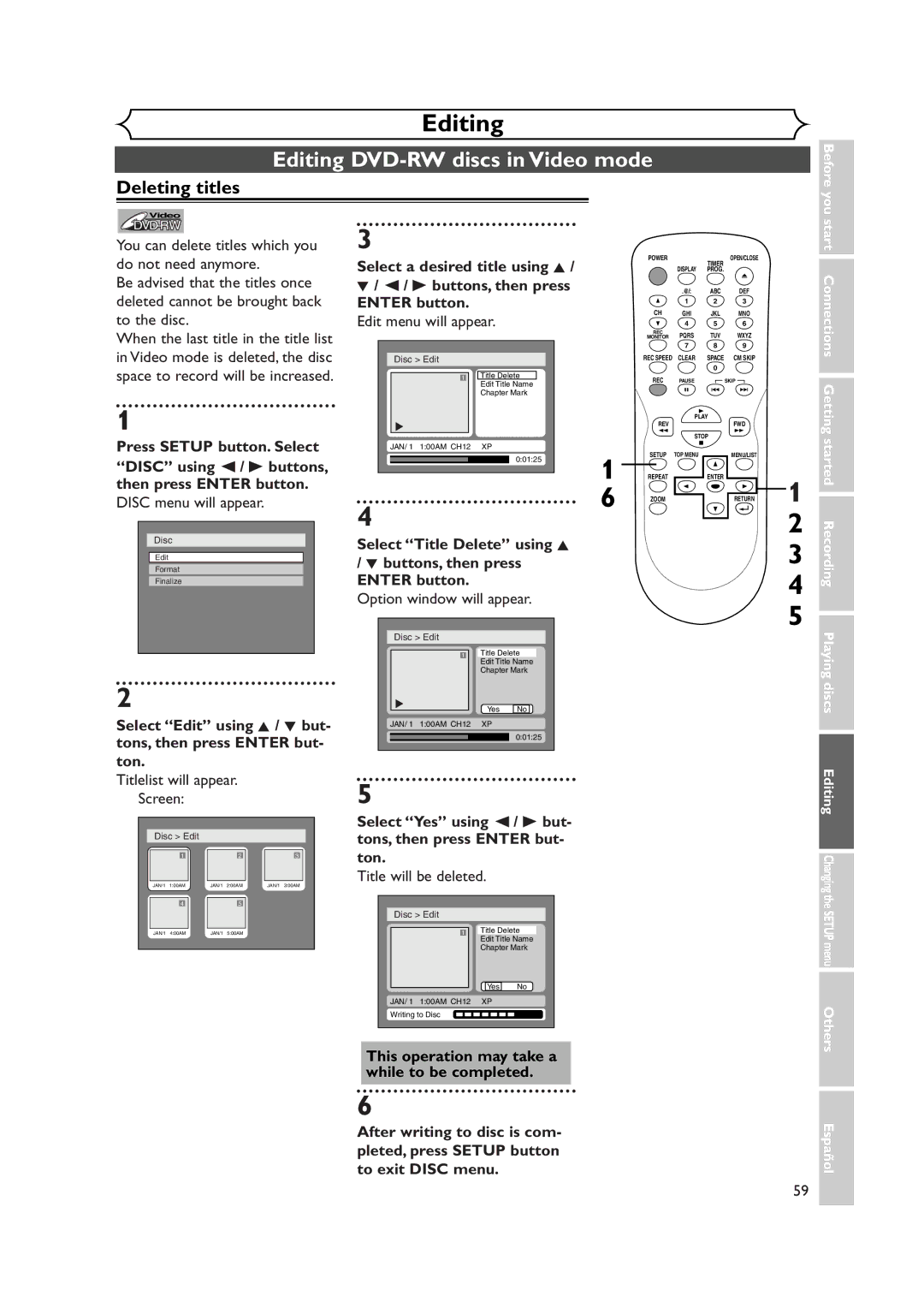 Sylvania DVR90DEA Editing DVD-RW discs in Video mode, Deleting titles, Titlelist will appear Screen, Edit menu will appear 