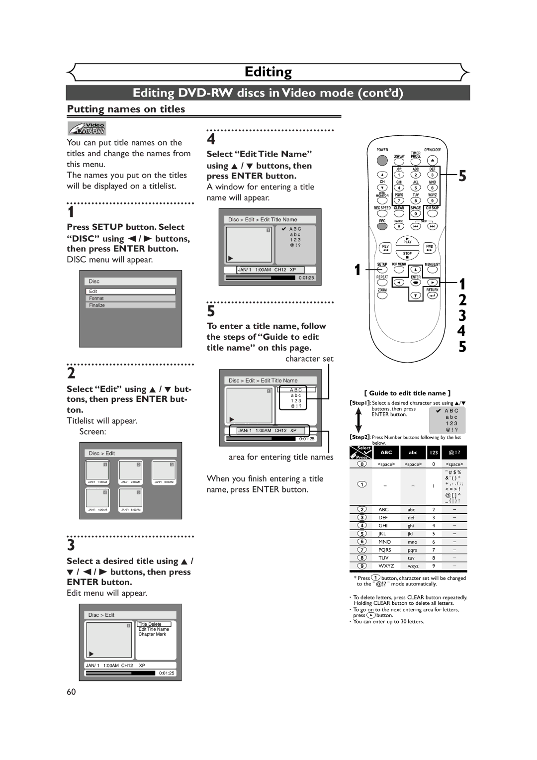 Sylvania DVR90DEA owner manual Editing DVD-RW discs in Video mode cont’d, Putting names on titles 