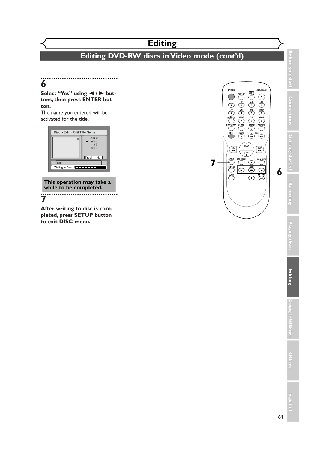 Sylvania DVR90DEA owner manual Name you entered will be activated for the title, Recording Playing discs Editing 