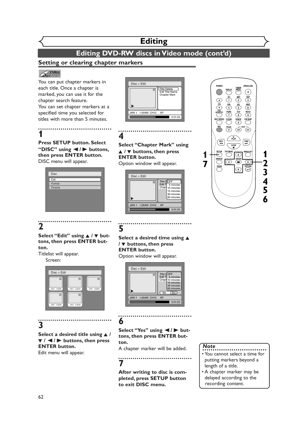 Sylvania DVR90DEA owner manual Setting or clearing chapter markers, Chapter marker will be added 