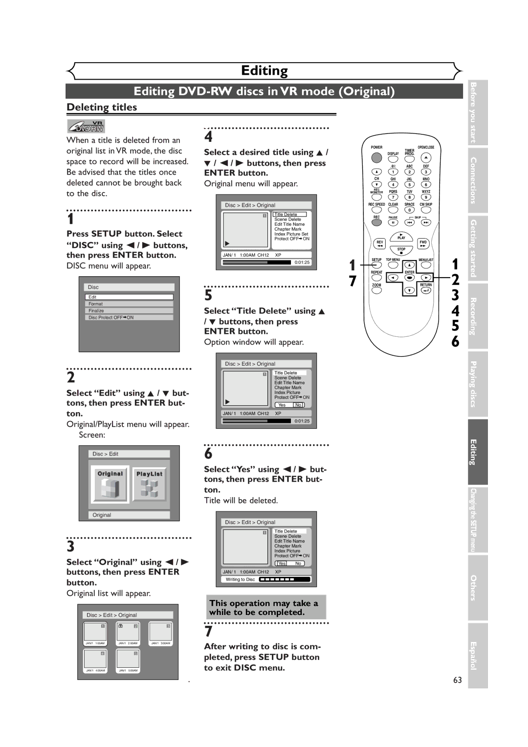 Sylvania DVR90DEA owner manual Editing DVD-RW discs in VR mode Original, Deleting titles 