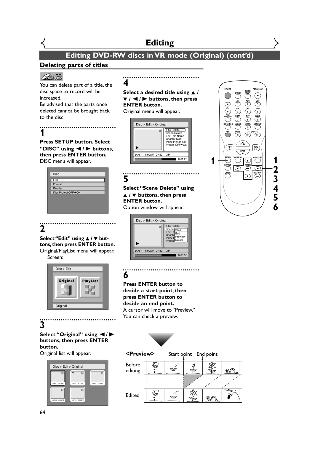 Sylvania DVR90DEA Editing DVD-RW discs in VR mode Original cont’d, Deleting parts of titles, Original menu will appear 