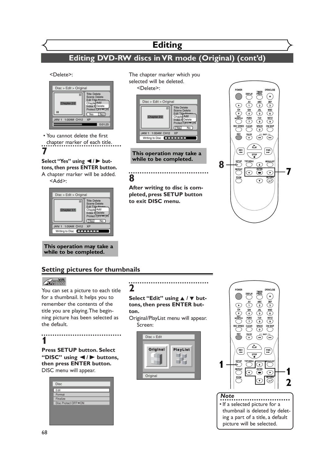 Sylvania DVR90DEA Setting pictures for thumbnails, Delete, Chapter marker will be added. Add, This operation may take a 