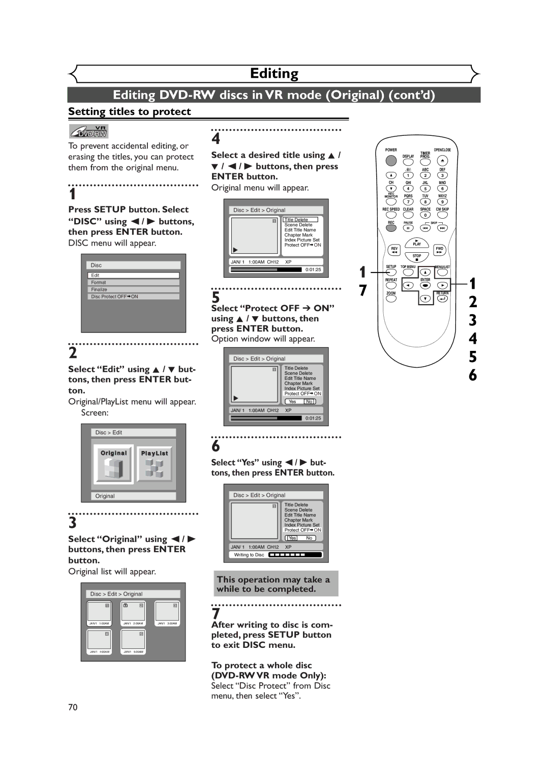 Sylvania DVR90DEA Setting titles to protect, To prevent accidental editing, or, Erasing the titles, you can protect 