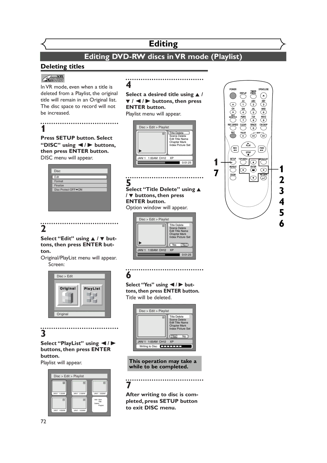 Sylvania DVR90DEA Editing DVD-RW discs in VR mode Playlist, Select PlayList using / B buttons, then press Enter button 