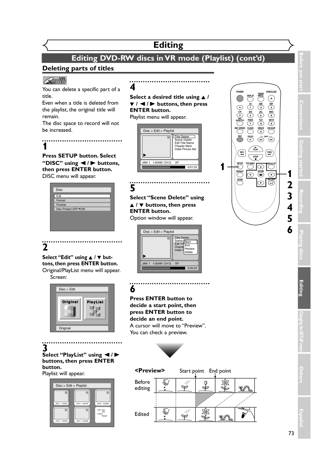 Sylvania DVR90DEA owner manual Editing DVD-RW discs in VR mode Playlist cont’d, Playlist menu will appear 