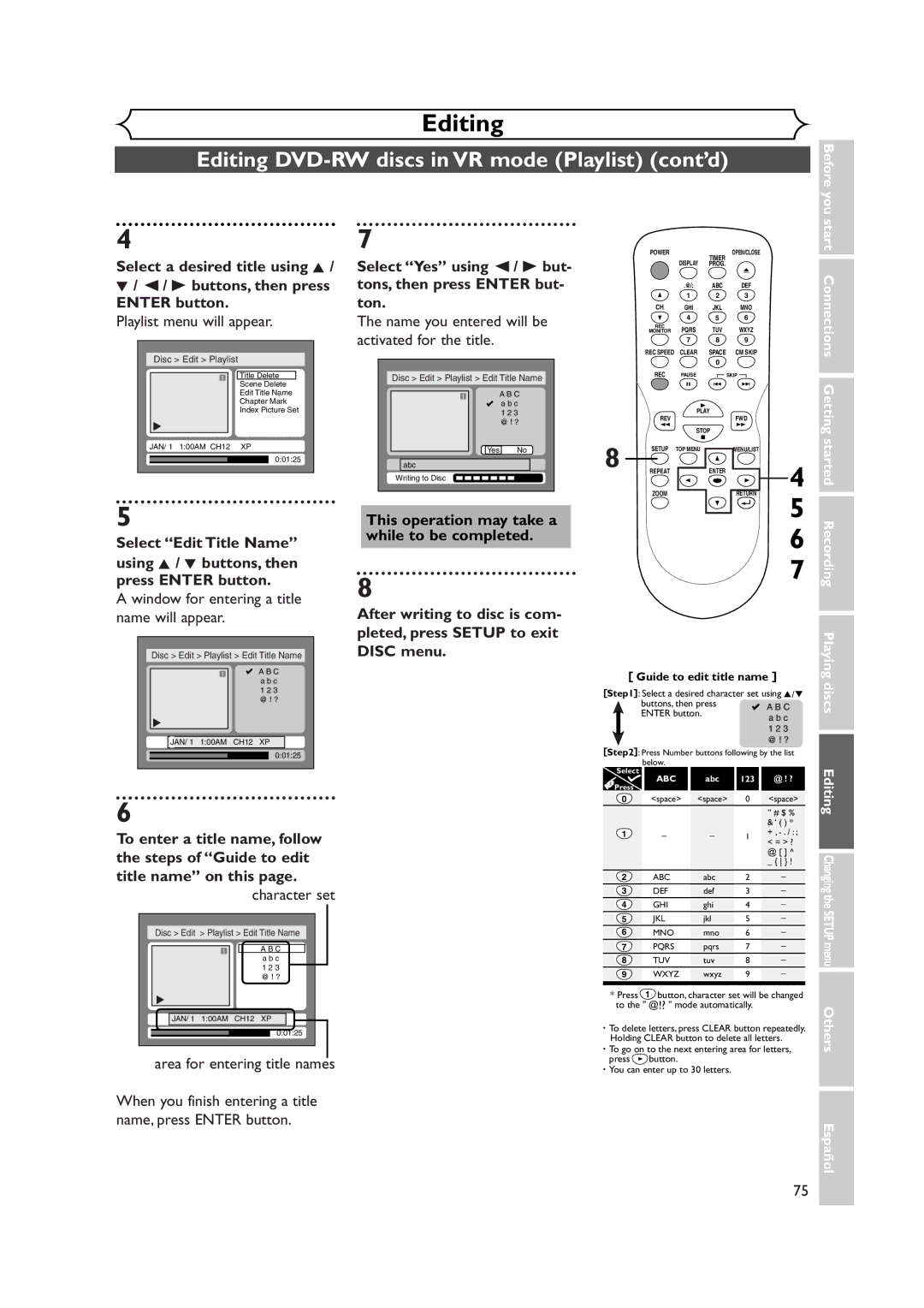 Sylvania DVR90DEA When you finish entering a title Name, press Enter button, Disc Edit Playlist Edit Title Name 