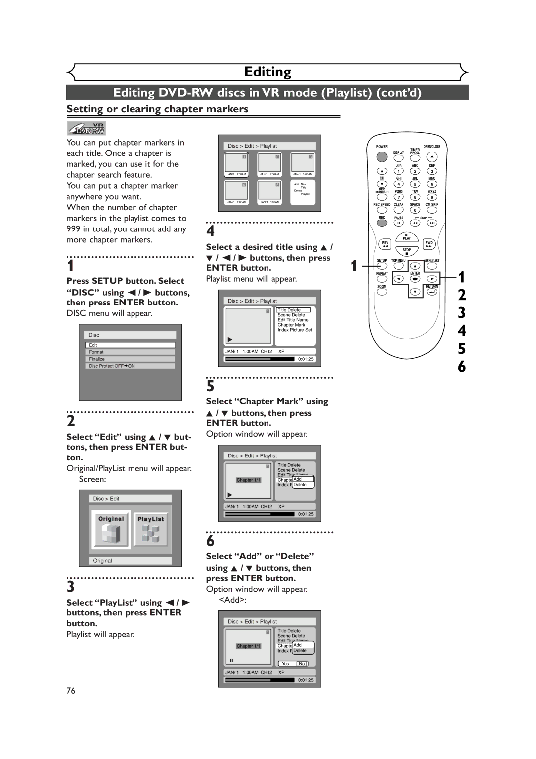 Sylvania DVR90DEA owner manual Setting or clearing chapter markers, Playlist menu will appear 