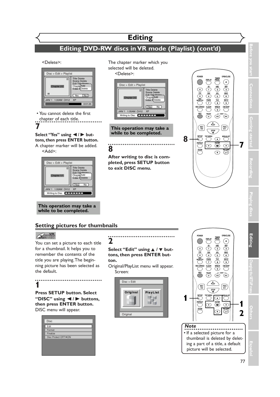 Sylvania DVR90DEA owner manual You cannot delete the first chapter of each title, Tons, then press Enter button 