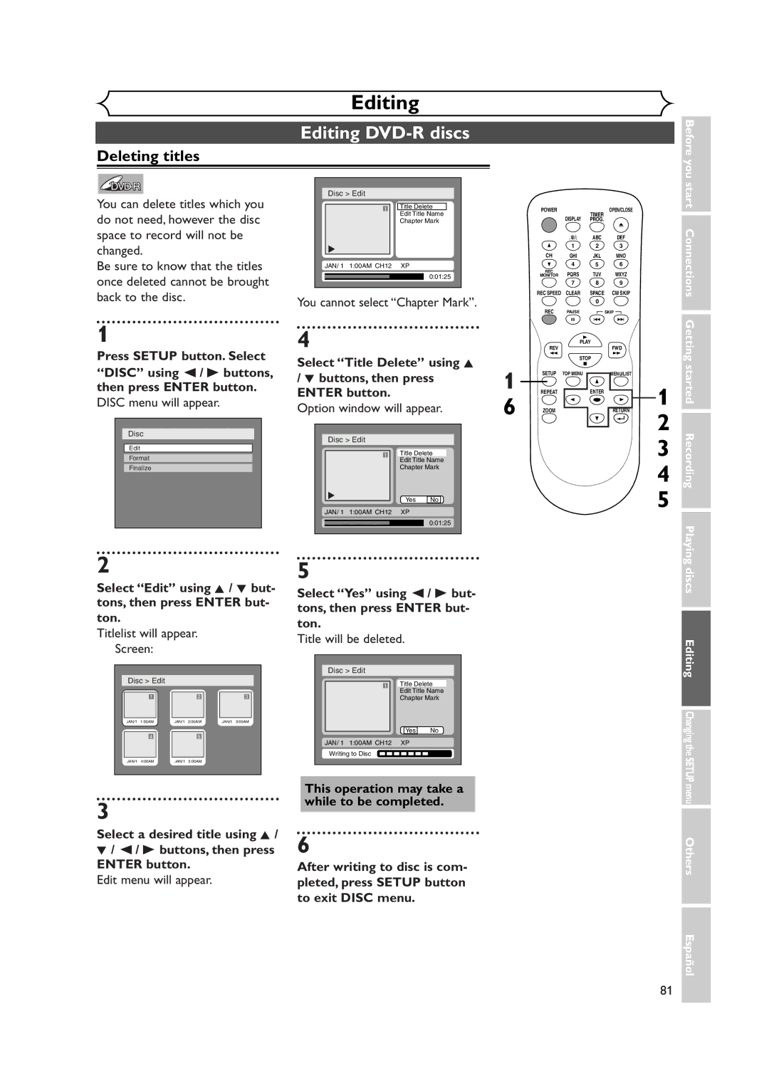 Sylvania DVR90DEA owner manual Editing DVD-R discs, You cannot select Chapter Mark 