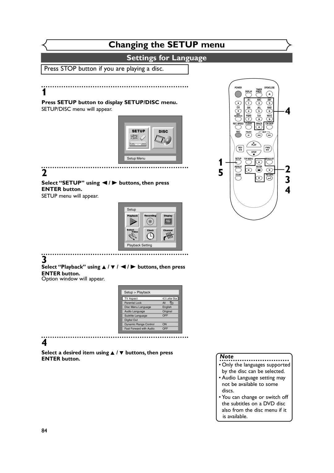 Sylvania DVR90DEA Settings for Language, Press Setup button to display SETUP/DISC menu, SETUP/DISC menu will appear 