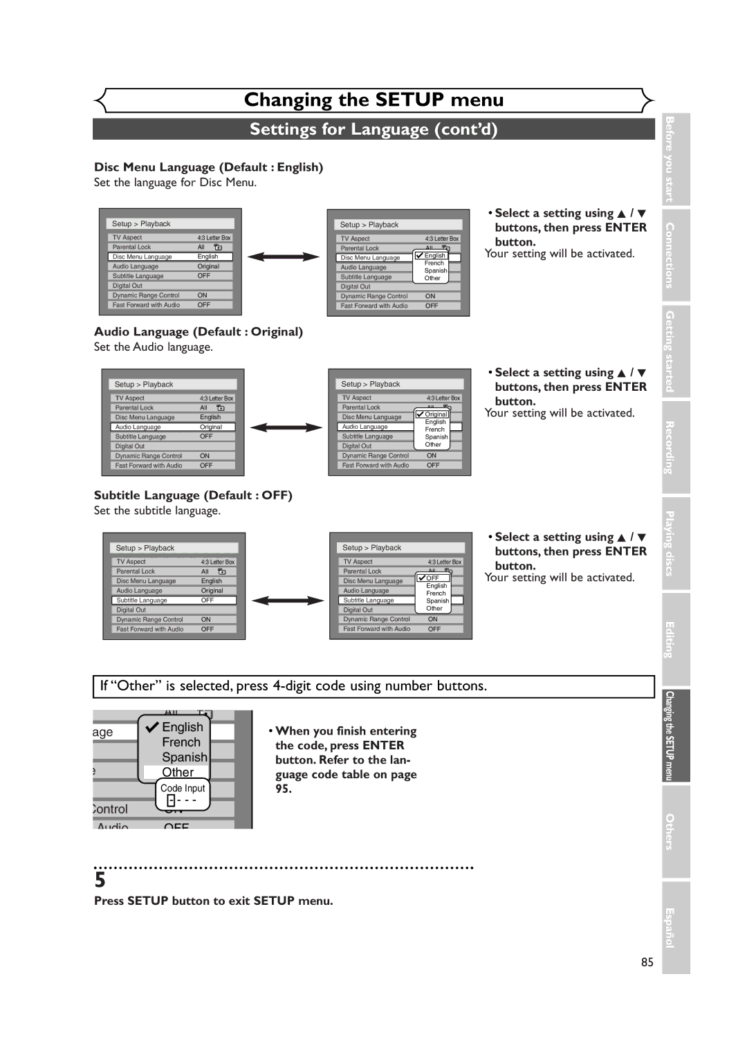 Sylvania DVR90DEA owner manual Settings for Language cont’d 