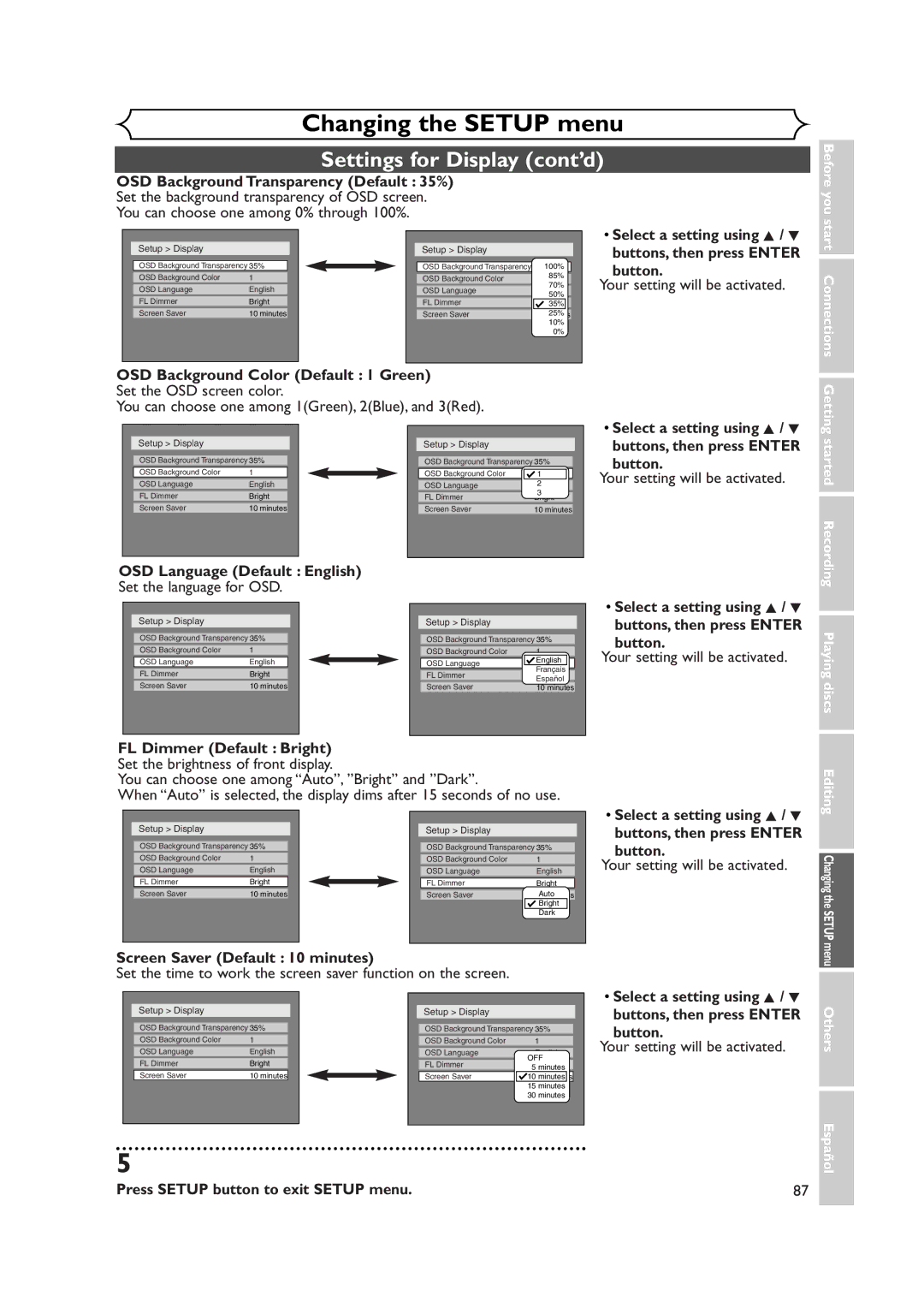 Sylvania DVR90DEA Settings for Display cont’d, OSD Background Transparency Default 35%, OSD Language Default English 