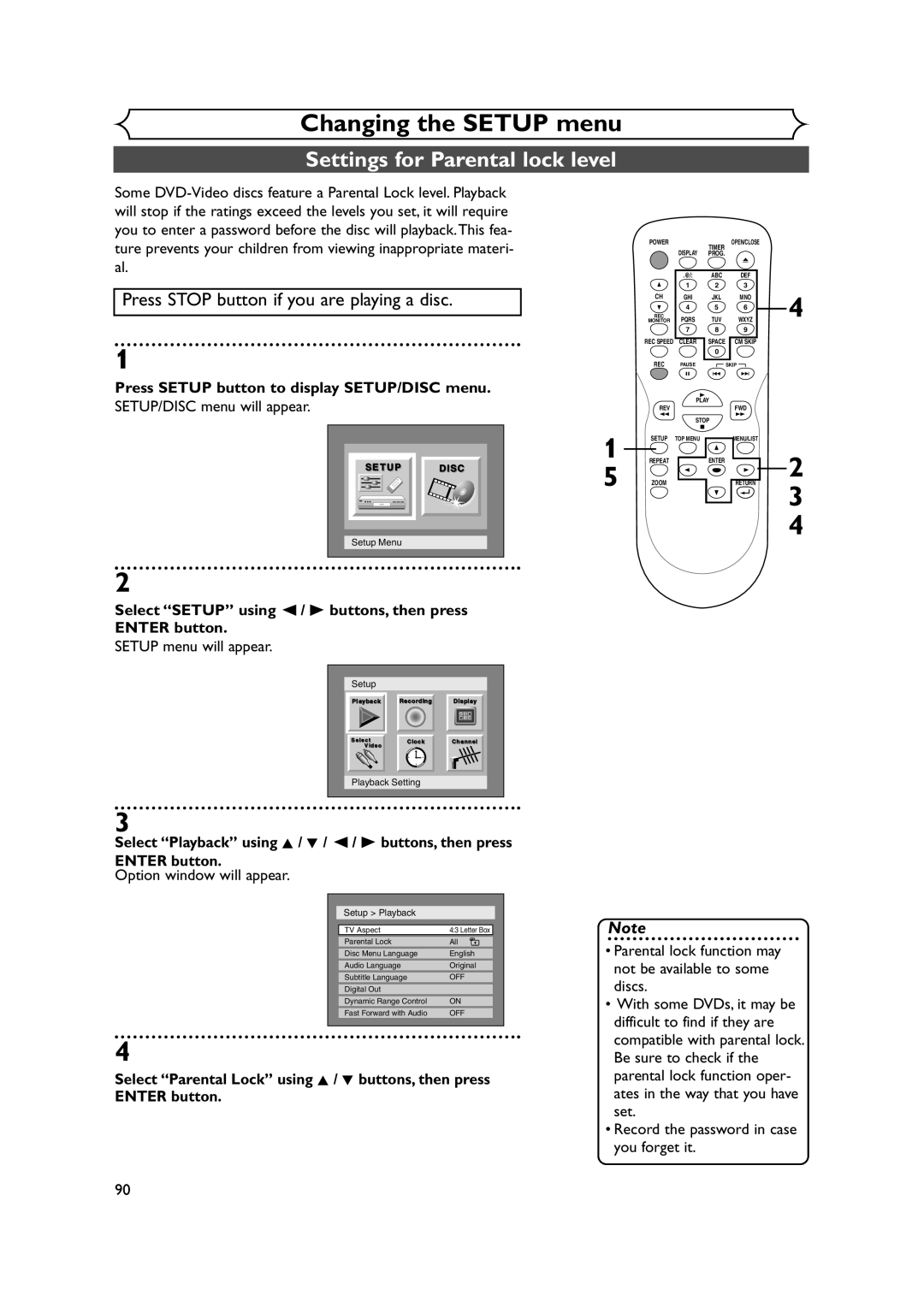 Sylvania DVR90DEA owner manual Settings for Parental lock level 