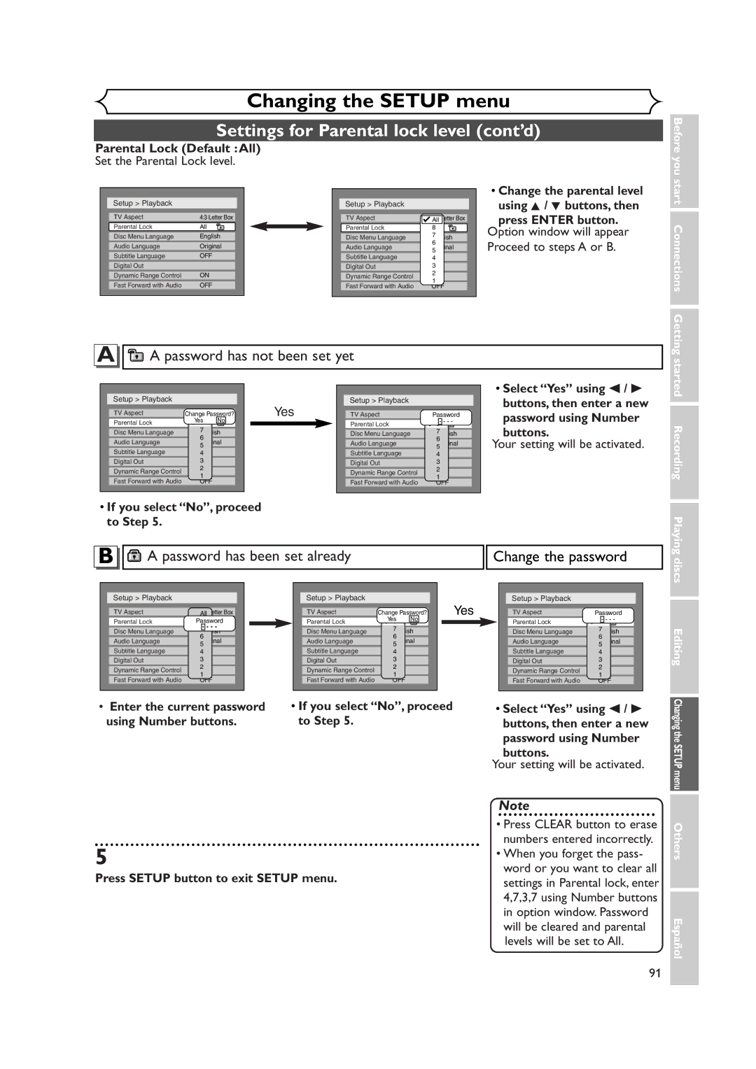 Sylvania DVR90DEA owner manual Settings for Parental lock level cont’d 