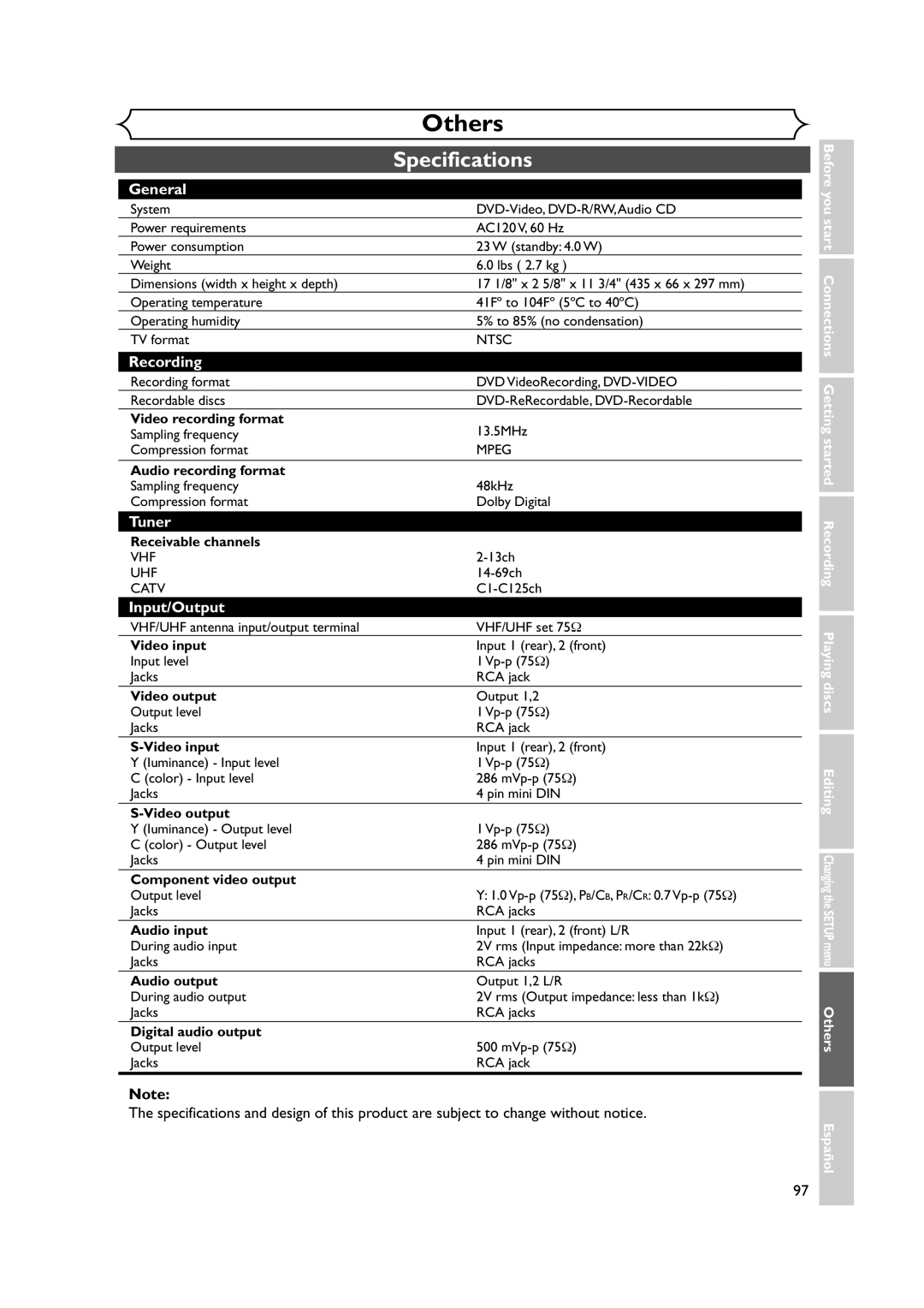 Sylvania DVR90DEA owner manual Specifications 