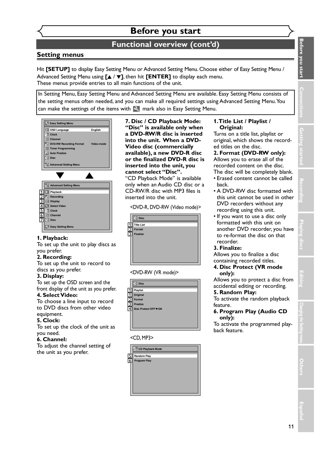 Sylvania DVR90DF owner manual Setting menus 