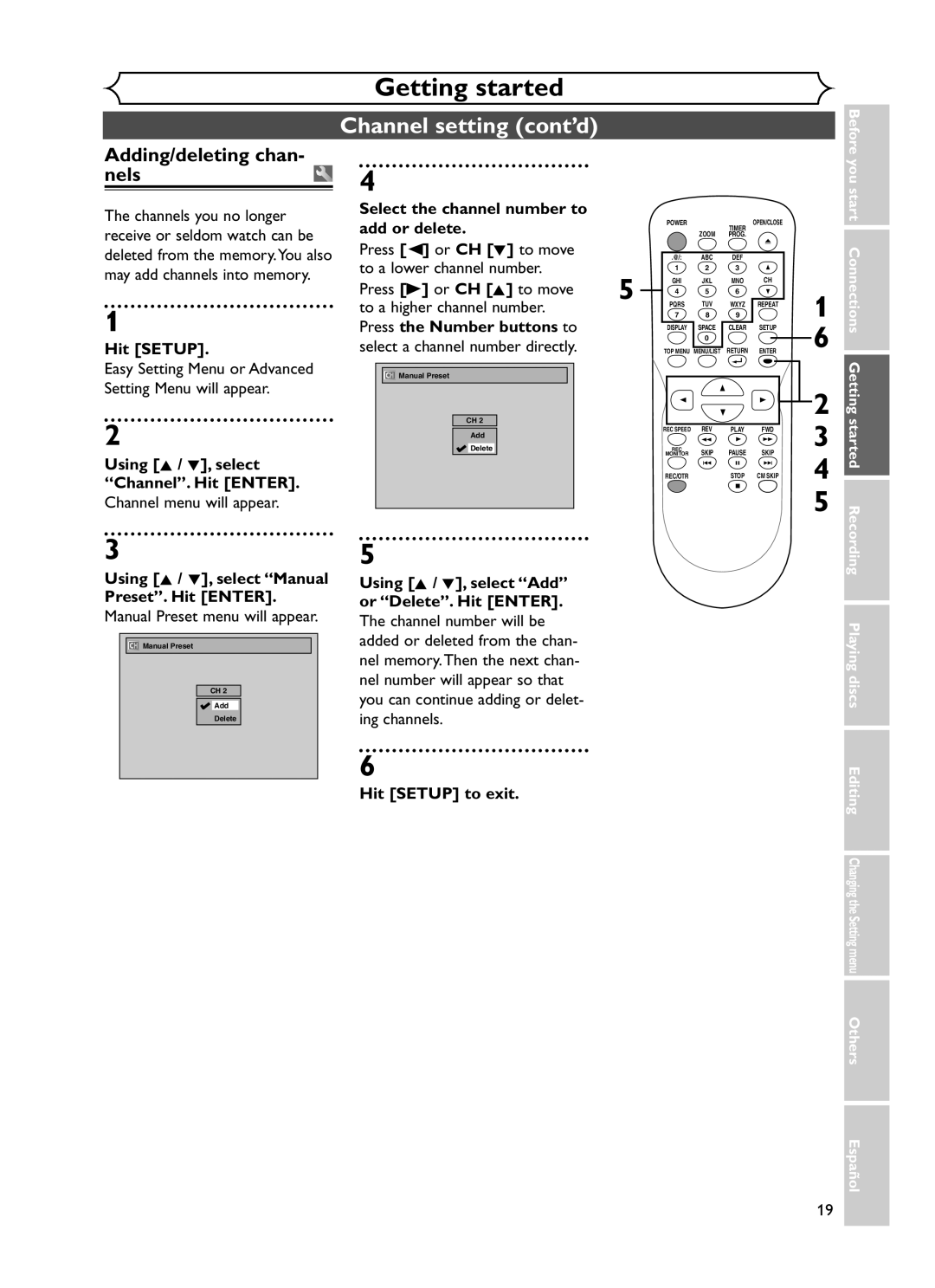 Sylvania DVR90DF owner manual Channel setting cont’d, Adding/deleting chan Nels 