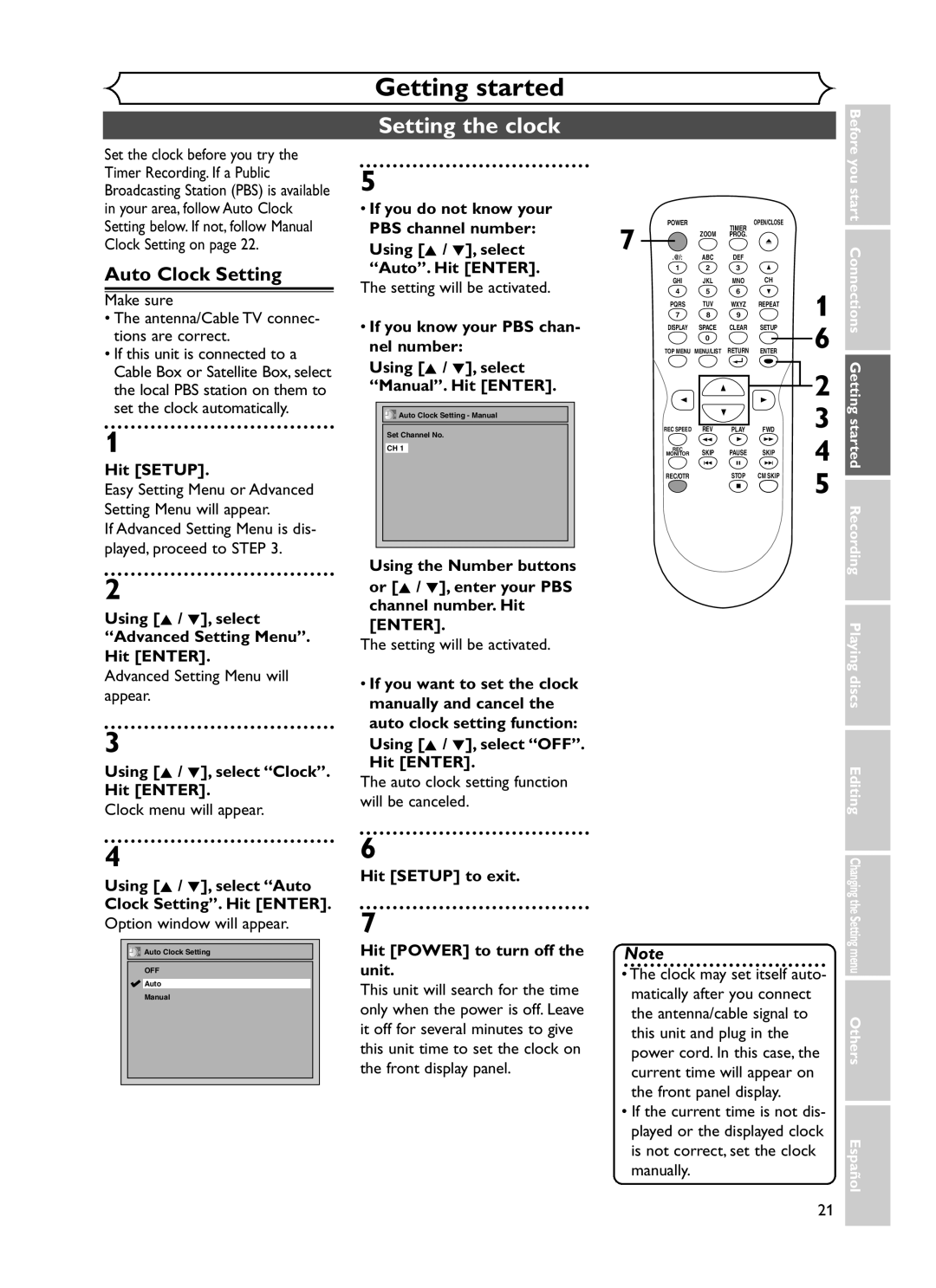 Sylvania DVR90DF owner manual Setting the clock, Auto Clock Setting, Using K / L, select Clock Hit Enter 