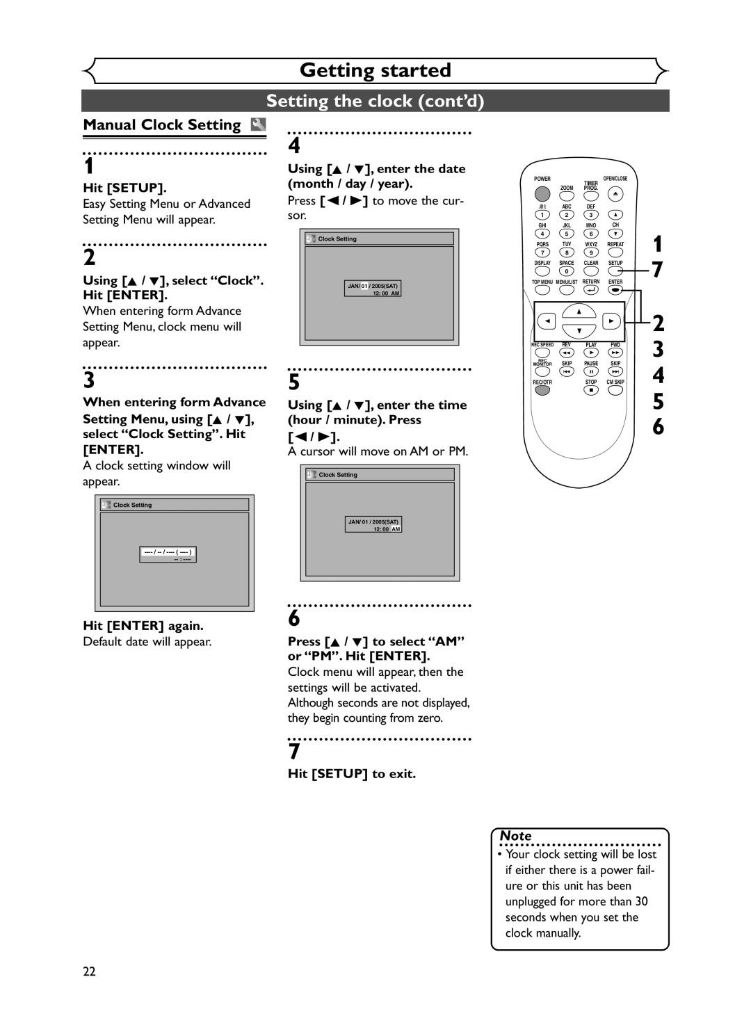 Sylvania DVR90DF owner manual Setting the clock cont’d, Manual Clock Setting 