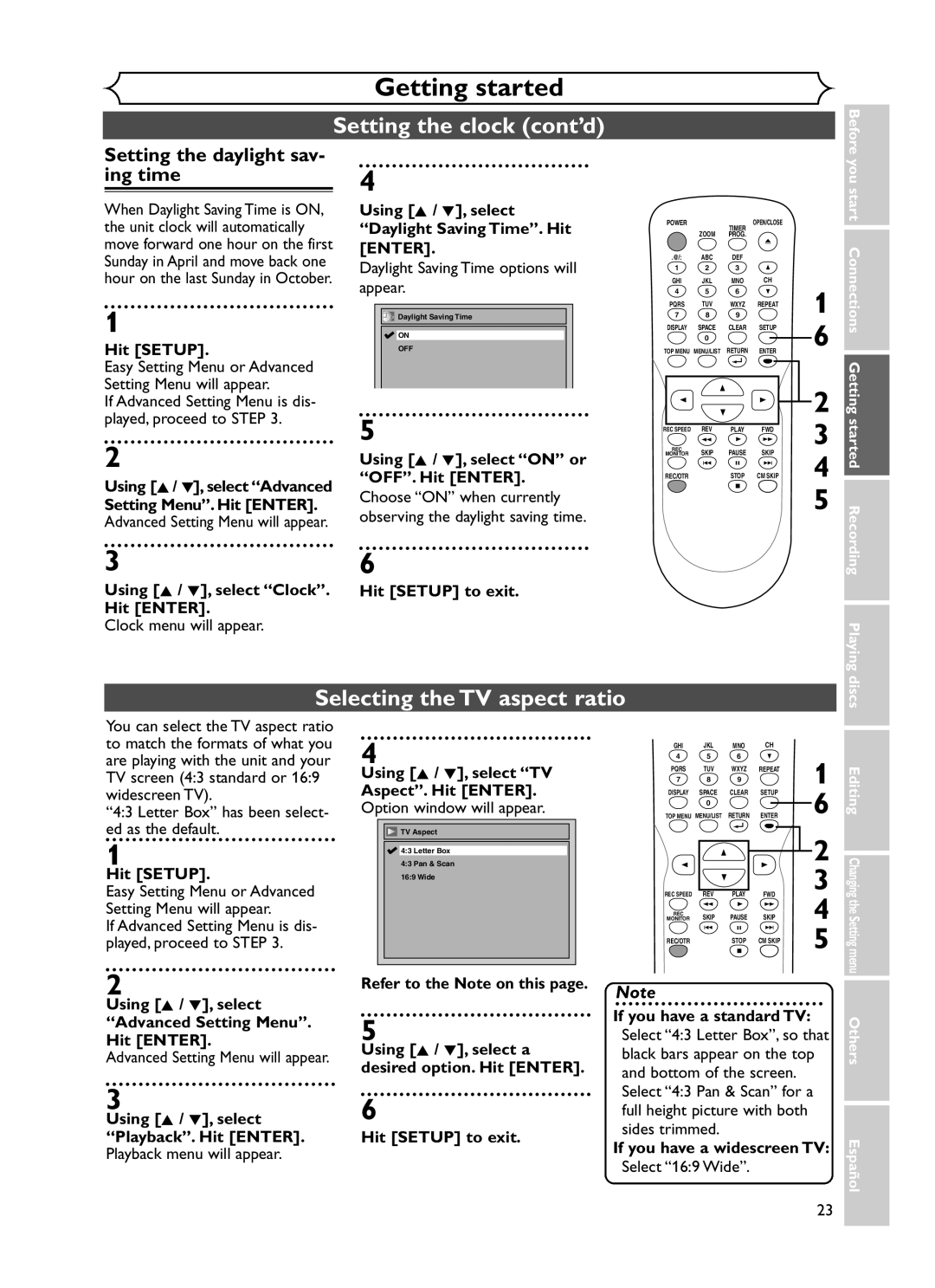 Sylvania DVR90DF owner manual Selecting the TV aspect ratio, Setting the daylight sav, Ing time 