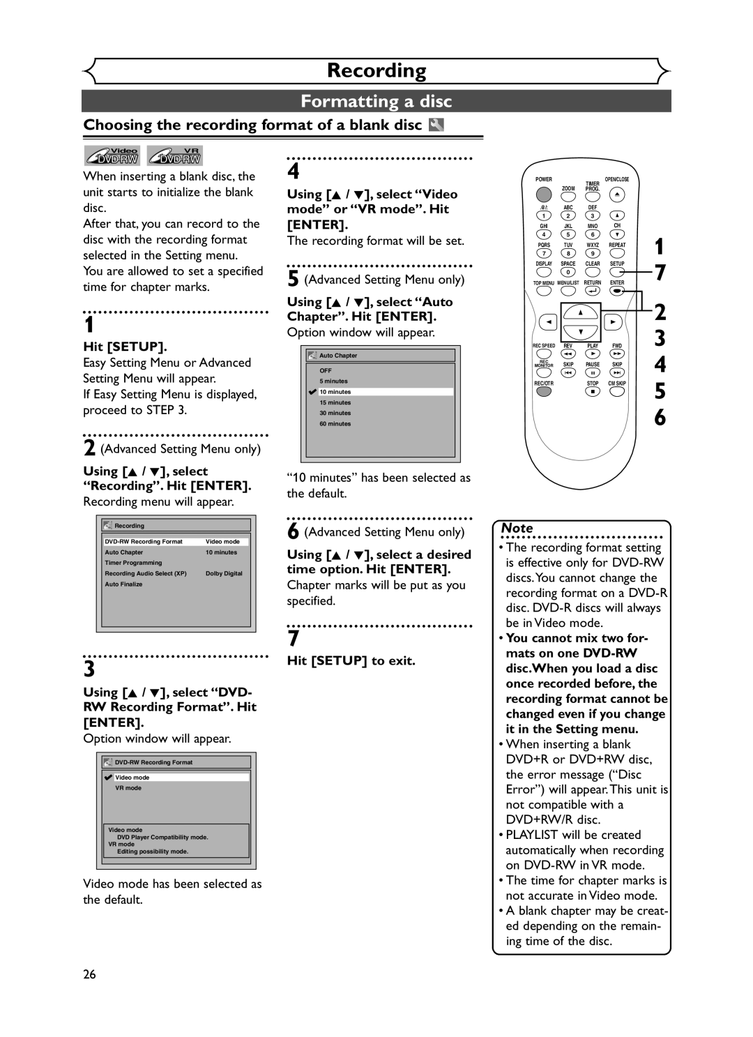 Sylvania DVR90DF owner manual Formatting a disc, Choosing the recording format of a blank disc 