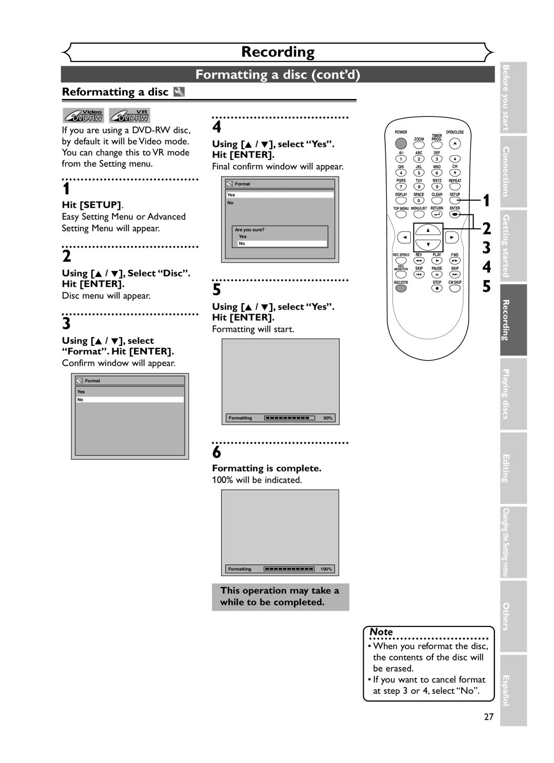 Sylvania DVR90DF owner manual Formatting a disc cont’d, Reformatting a disc 