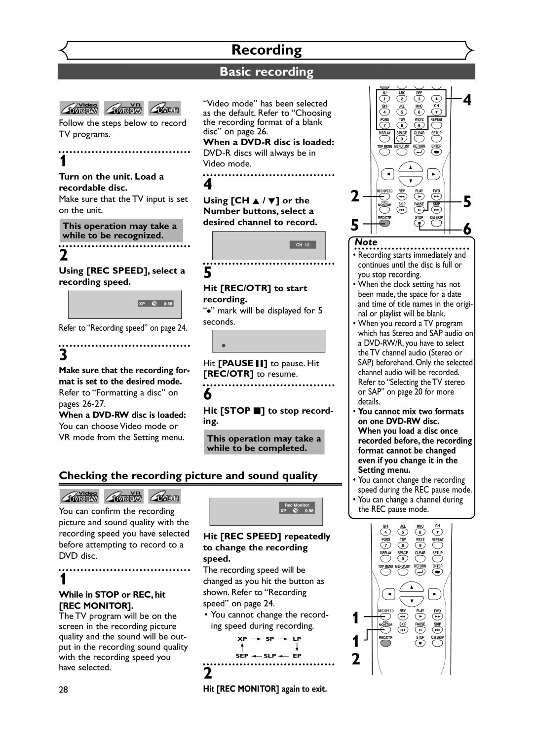 Sylvania DVR90DF owner manual Basic recording, Checking the recording picture and sound quality 