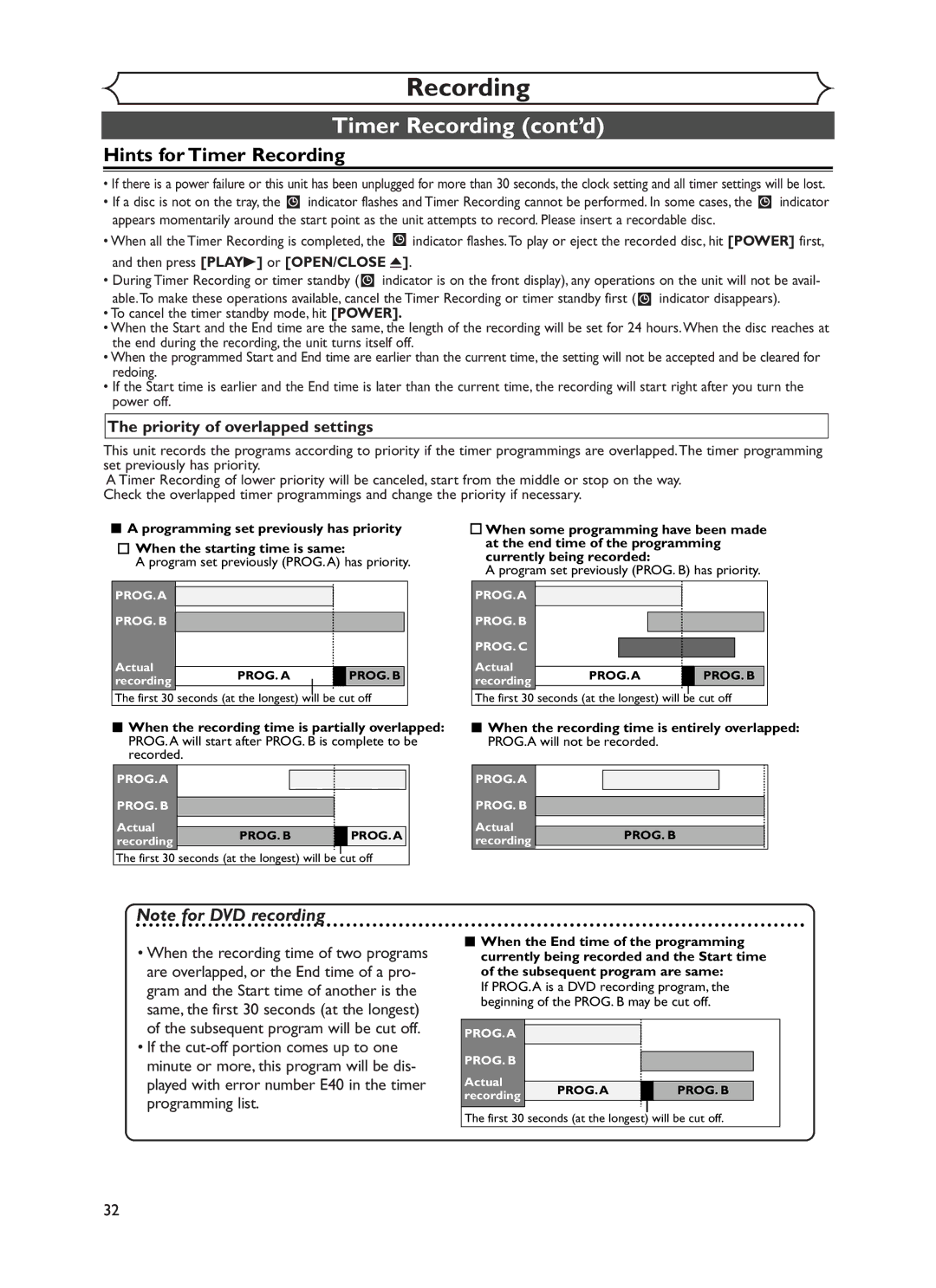 Sylvania DVR90DF owner manual Timer Recording cont’d, Hints for Timer Recording, Priority of overlapped settings 