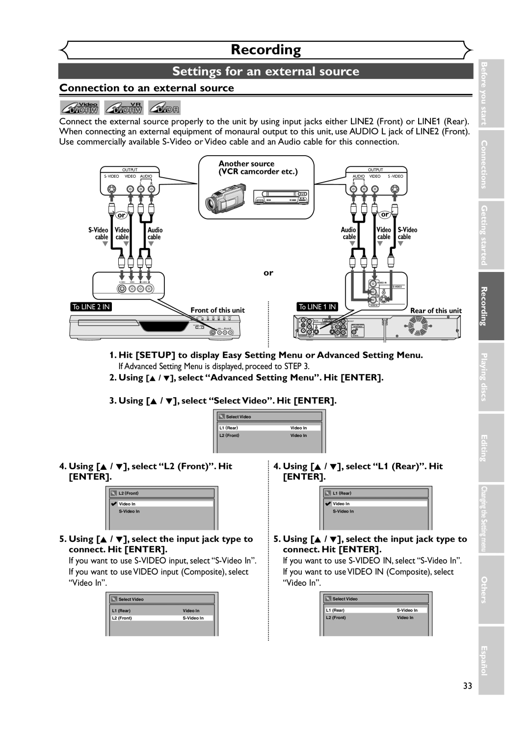 Sylvania DVR90DF owner manual Settings for an external source, Connection to an external source, Video 