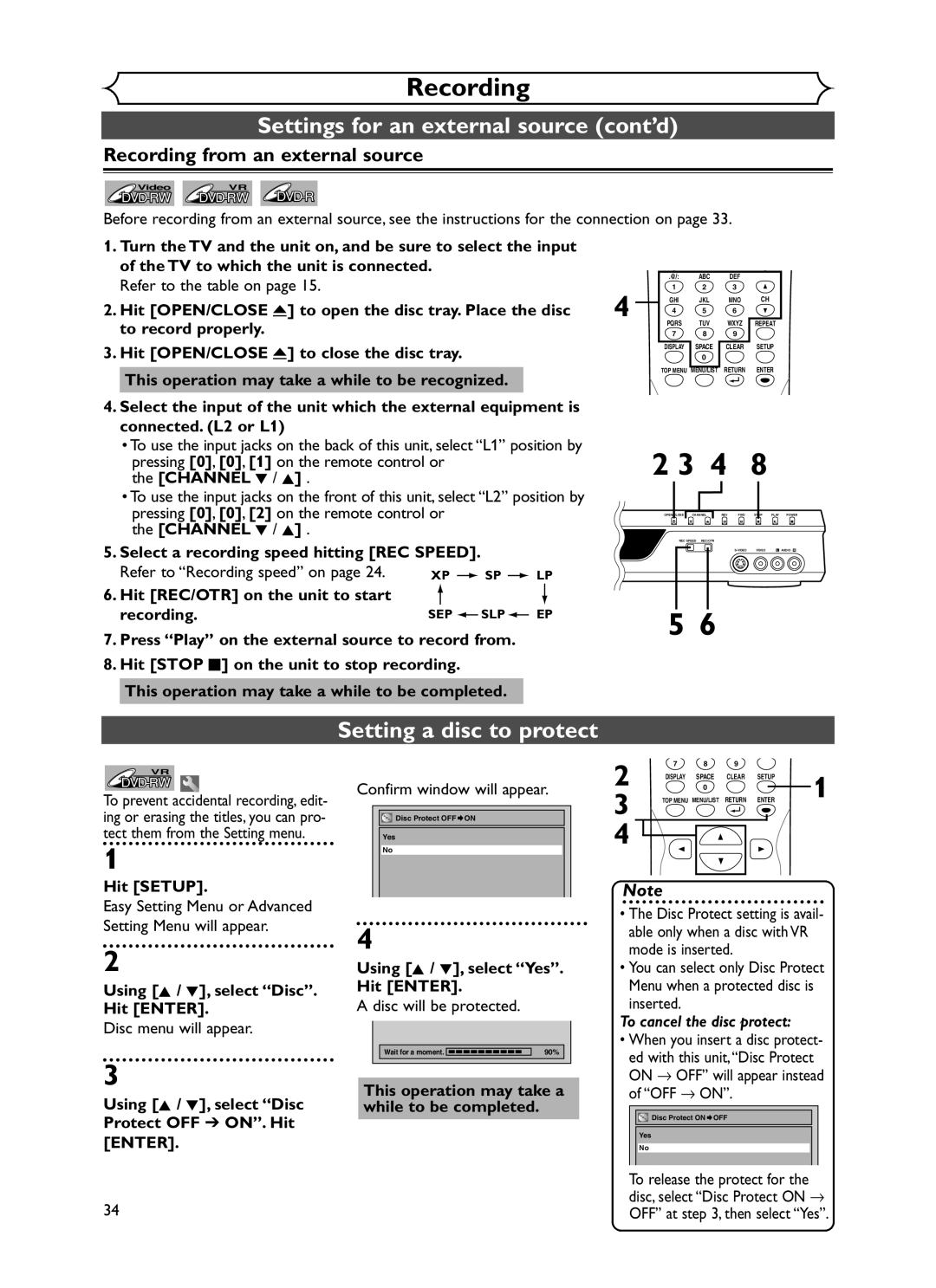 Sylvania DVR90DF Settings for an external source cont’d, Setting a disc to protect, Recording from an external source 