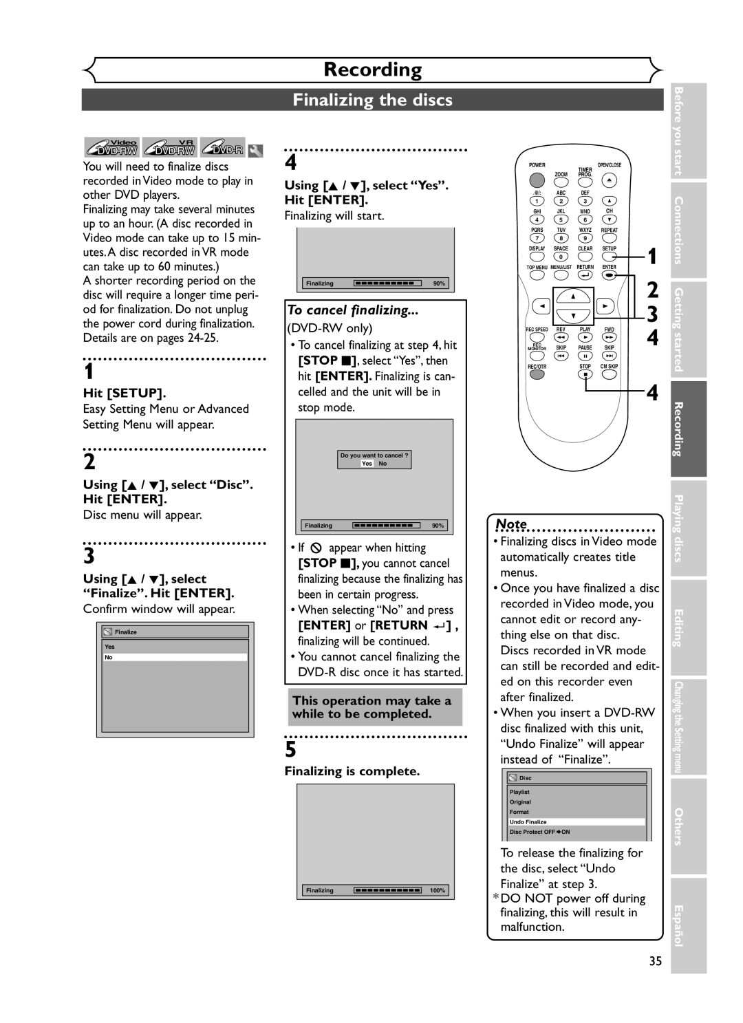 Sylvania DVR90DF owner manual Finalizing the discs 